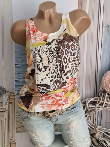 Top Longtop MISSY S 36 Neue Kollektion Trägertop Floral Blumen Leopard Animal Glitzer Nieten