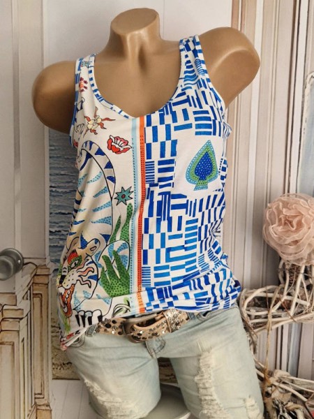 Top Longtop MISSY S 36 Trägertop Zeichnungen Tiger Blumen Abstrakt weiss blau gemustert Glitzer Niet