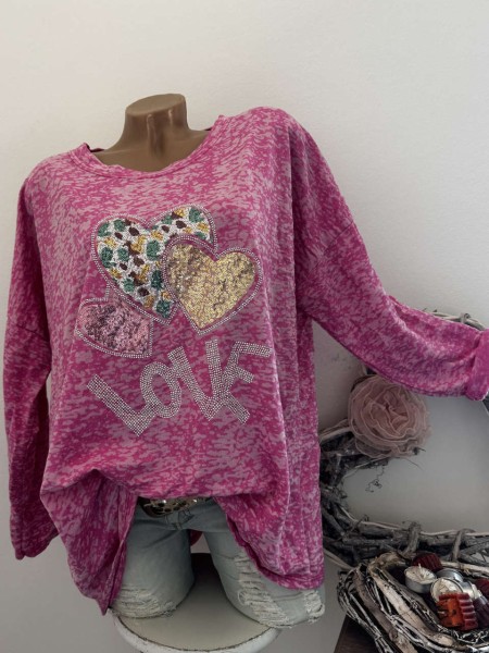 Langarmshirt Pailetten Herzen lilapink Tunika NEU 40-44 Made in Italy