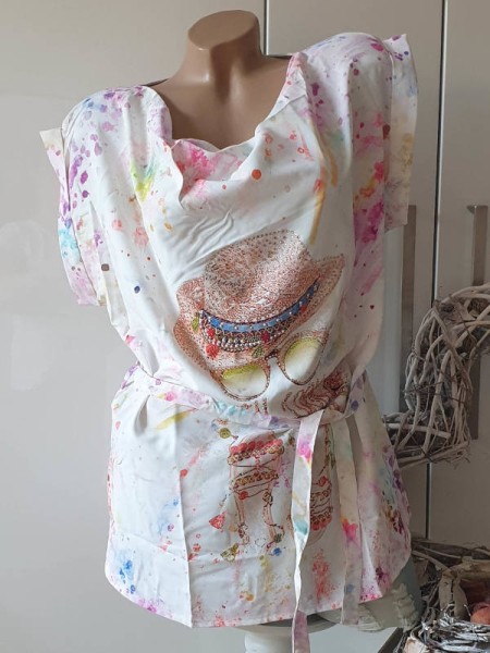 MISSY Kurzarm Wasserfallausschnitt XL 42 Tunika Shirt mit Bindegürtel weiss Fashion Print Glitzer Ni