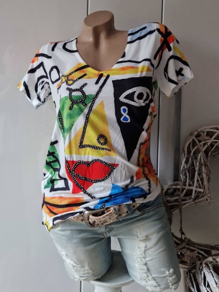 Tunika XL 42 V-Ausschnitt MISSY weiss bunte Graffiti T-Shirt Shirt NEU