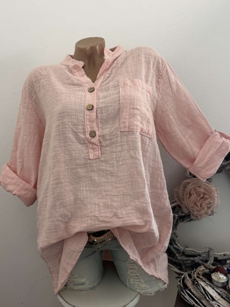 Tunika Hemdbluse Bluse rosa Made in Italy 38-42 Musselin Leinenoptik