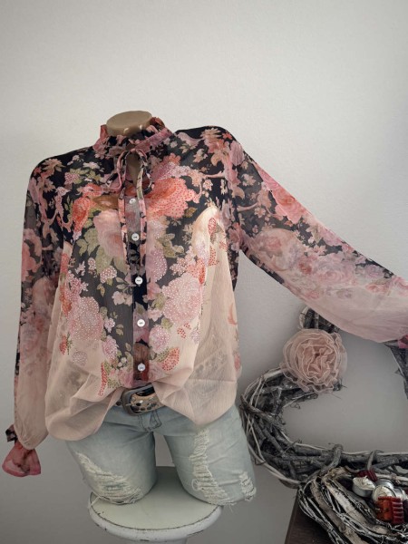 Bluse Missy L 40 Hemdbluse Tunika Langarm geblümt Bindebändchen Neu Glitzer Nieten