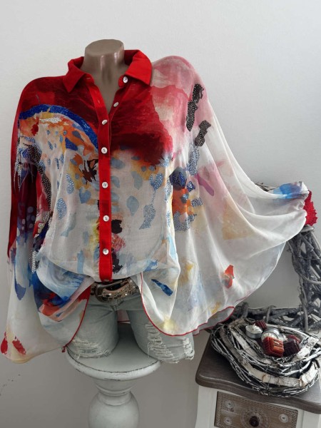 Onesize MISSY Hemdbluse Bluse Tunika Fledermausarm 38-46 weis rot blau bunt Print Neu Glitzer