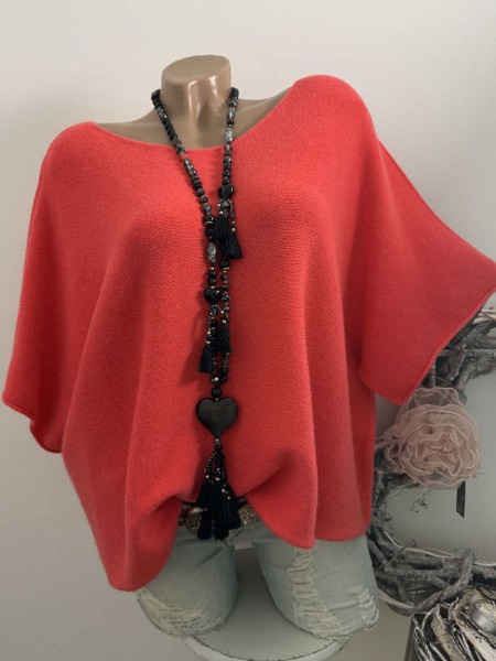 Kurzarm Feinstrick Tunika Oversized Pullover Korallenrot 38-42 Pulli Made in Italy NEU