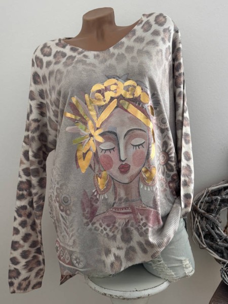 V-Neck Pullover Pulli Seitenschlitze 40-44 Made in Italy Metallicprint Leo beige gemustert