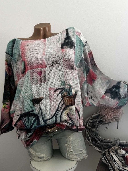 Tunika 36-42 Fledermausarm Feinstrick Fahrradmotiv rosa Tunika Pulli bunt NEU Made in Italy 1/2 Arm