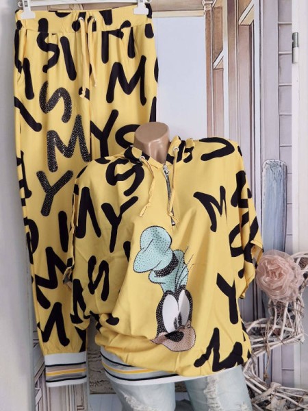 MISSY 2Tlg L 40 Jogginganzug Anzug Comicprint Joggpants Hose + Kapuzen Hoodie Tunika Glitzer Neu