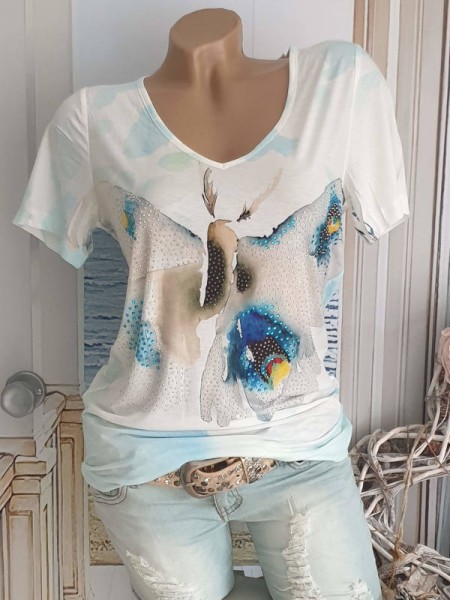 MISSY XL 42 T-Shirt V-Neck Tunika weiss Aquarell Schmetterling Neu Nieten