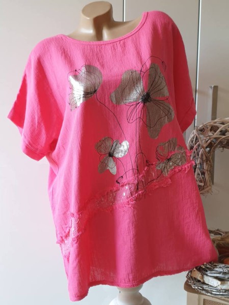 42 44 46 pink Tunika Bluse vorne Metallicprint vorne Leinenoptik hinten stretchige Baumwolle