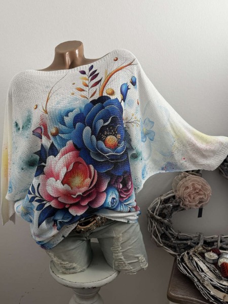 Tunika 36-42 Fledermausarm Feinstrick Blumen Motiv Tunika Pulli bunt NEU Made in Italy 1/2 Arm