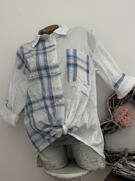 Bluse Hemdbluse Tunika weiss/blau Made in Italy 38-42 NEU