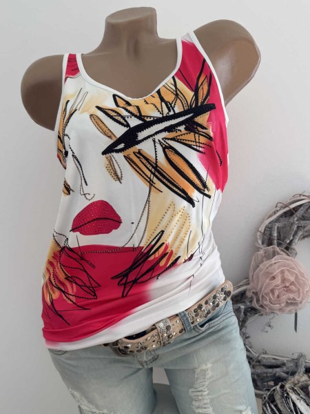 Top Longtop L 40 MISSY Trägertop weiss pink orange Abstrakter Print Nieten Neu