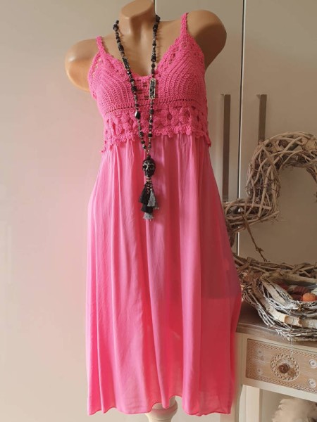 Trägerkleid Tunika Häkelkleid Made in Italy pink Kleid Häkeleinsatz 36-40