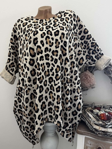 Sweatshirt beige/leo 40-46 Seiten Länger Zipper seitlich Made in Italy Longsleeve NEU