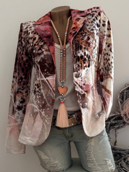 Blazer XL 42 MISSY Kurzblazer Neu rosa creme weiss beige Leo Kettchen Tigermotiv Print Neu
