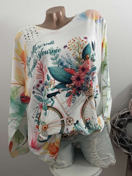 Longsleeve Tunika Glitzer Steinchen 40-44 Fahrrad mit Blumen NEU Made in Italy