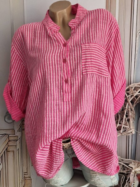 zart gestreifte Tunika Made in Italy pink Bluse Brusttasche Musselin Baumwolle 38-42