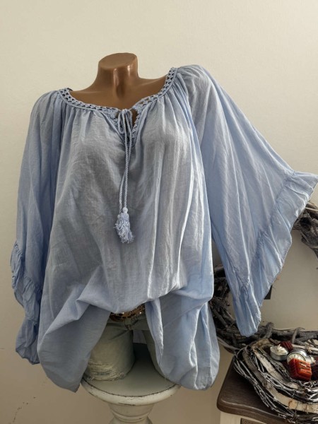 Tunika Bluse blau weite Ärmel Bindebändchen 38-48 Made in Italy Neu