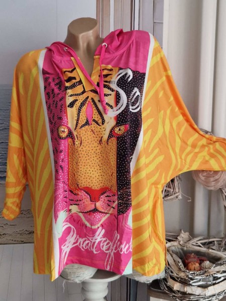 Tunika Tunnelzug Kapuze MISSY 38-46 pink bunt Tiger Neu Glitzersteinchen