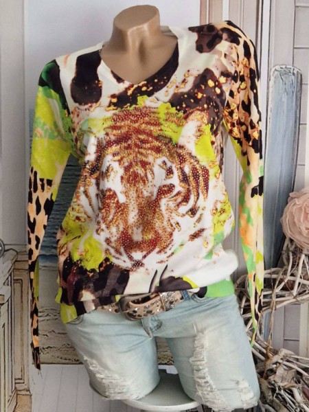 MISSY Tiger M/L 38 40 weiss limonengrün lila Goldton Feinstrickpulli Pullover Neu Glitzer Strass Nie
