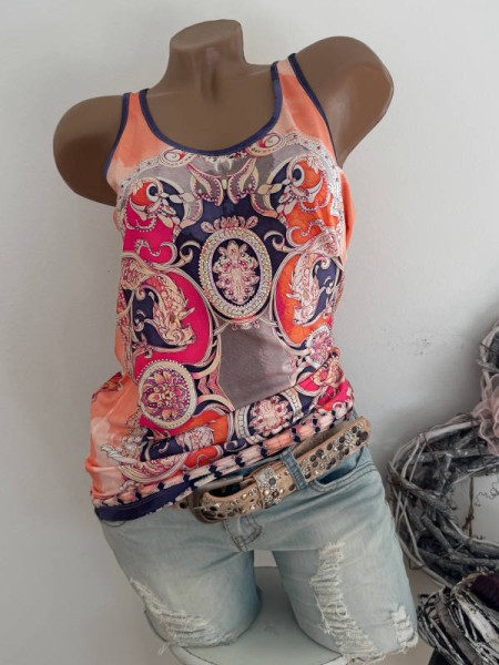 MISSY S 36 Trägertop Top Longtop Brokatprint schwarz coralle pink Glitzer Nieten Neu