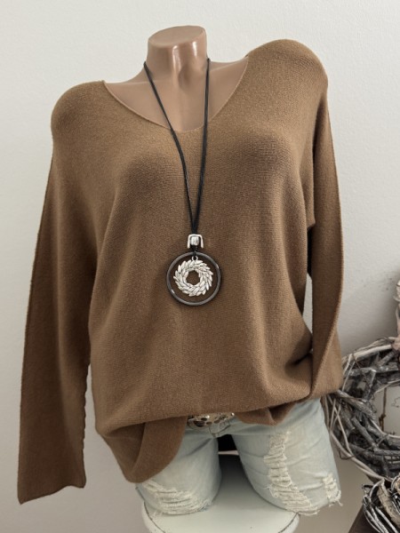 V-Neck Flausch Pullover Pulli nougat 40-44 Neu Tunika Made in Italy