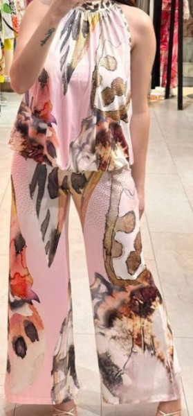 Hose MISSY S 36 weites Bein butterweich rosa weiss braun gemustert Glitzer Neu