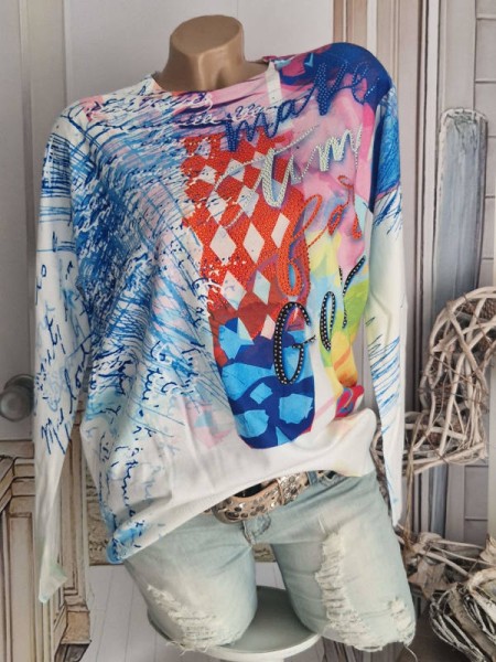MISSY Pulli NEU Feinstrick Pullover S/M 36 38 Rundhals weiss bunt Neu Strass Glitzer