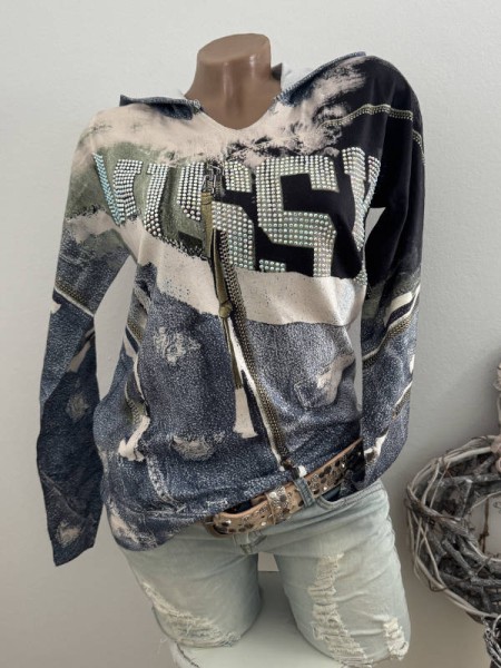 Pullover Hoodie Pulli MISSY S/M 36 38 Kapuzenpulli Neu Feinstrick jeansblau weiss Missylogo