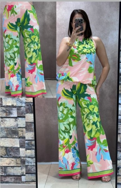 Hose M 38 MISSY Palazzohose butterweich rosa grün blau floral gemustert Glitzer Neu