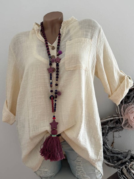 Tunika Bluse vanille Hemdbluse Made in Italy 38-44 Musselin Leinenoptik