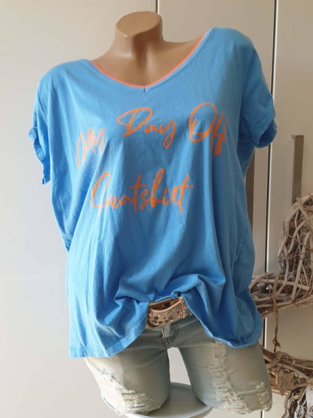 blau neon orange Tunika T-Shirt Made in Italy V-Neck 36-42 Baumwolle