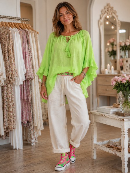 Tunika Bluse leuchtendes limettengrün weite Ärmel Bindebändchen 38-48 Made in Italy Neu