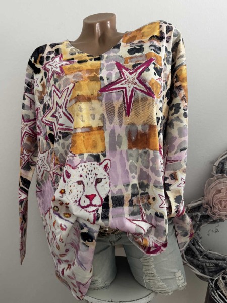 MISSY Feinstrick Fledermauspulli Pullover lila bunt gemustert Print Glitzernieten Onesize 38-44