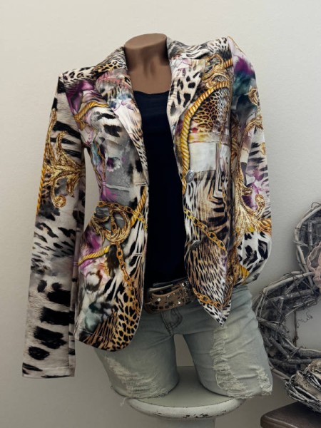 Blazer MISSY L 40 Kurzblazer lila bunt Animal Kettchen goldton Print Glitzer Nieten Neu