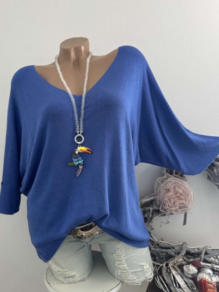 royalblau Tunika Glattstrick Pullover Oversized Italy 38-42 Fledermausarm 1/2 Arm