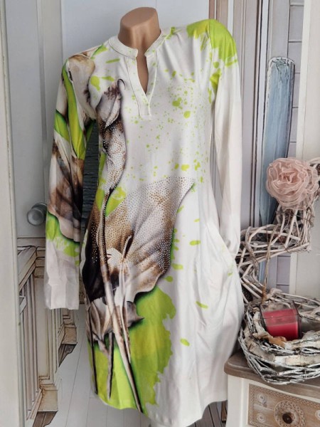 M 38 long Tunika Kleid MISSY V-Neck Taschen weiss neon grün Floral Glitzer Nieten