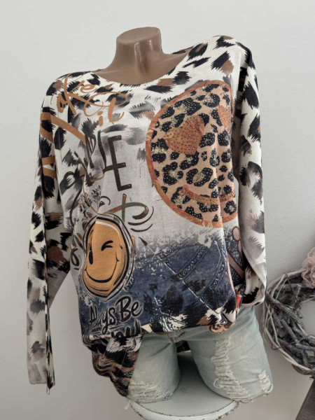 Longsleeve Feinstrick Tunika NEU Smile Leo gemustert 40-44 Made in Italy