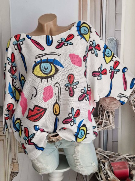 Tunika 36-42 Fledermausarm Feinstrick Tunika Pulli weiss Cartoonmotive NEU Made in Italy 1/2 Arm