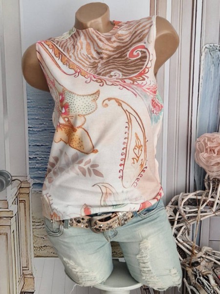 MISSY M/L 38 40 ärmellos Feinstrick Tunika Top Pastellige Farben Paisley weiss bunt Glitzer Nieten N