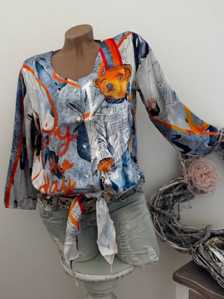MISSY XL 42 Tunika vorne zum binden Bluse Hemdbluse jeansoptik blau orange Teddybär Nieten NEU