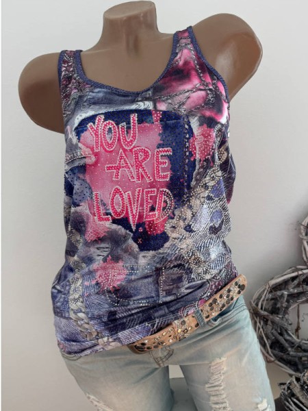 MISSY S 36 Trägertop Top Longtop Jeansoptik rosa pink Ketten Graffiti Glitzer Nieten Neu