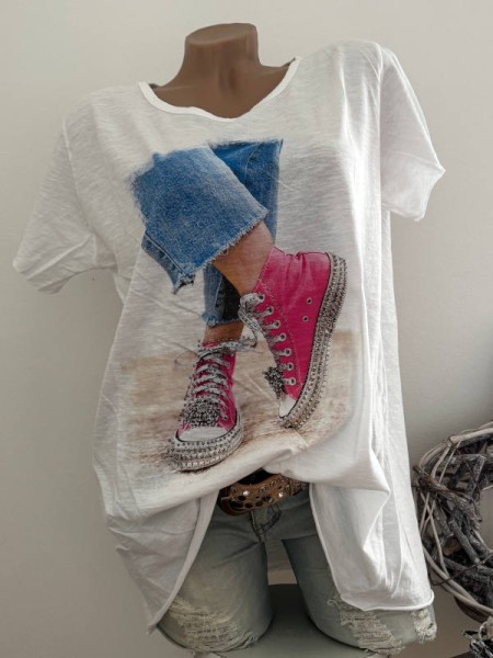 T-Shirt Shirt 36 38 40 42 pinke hohe Sneakers mit Jeans Italy Nieten NEU weiss