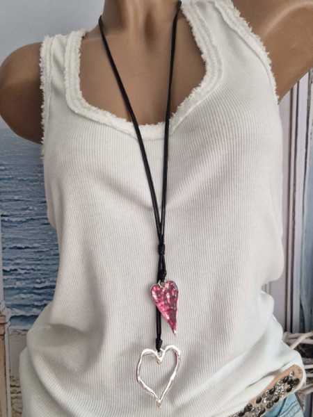 lange Halskette Kette Anhänger "Herzen" Schmuck Herzkette geflochtenes Lederband