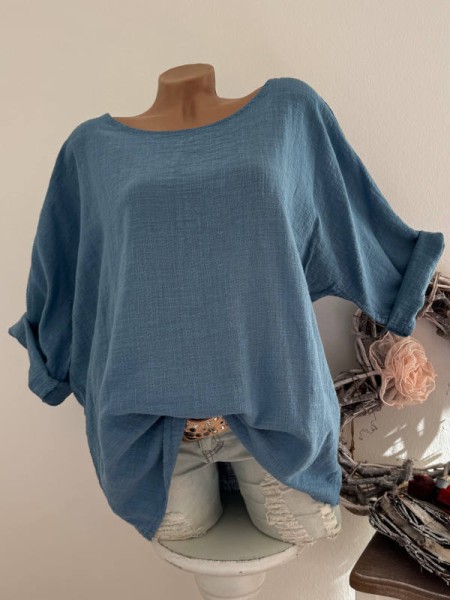 Bluse Tunika blau Musselin Baumwolle Made in Italy Neu 38-42