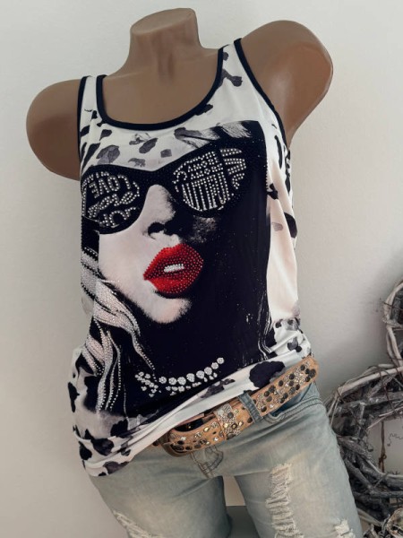 MISSY L 40 Trägertop Top Longtop schwarz weiss rote Lippen Glitzer Nieten Neu