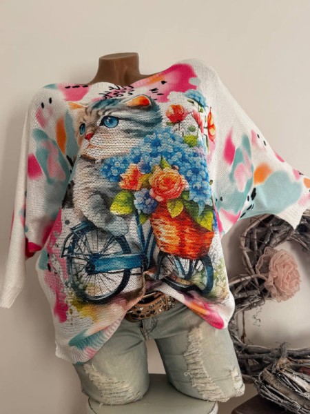 Tunika 36-42 Fledermausarm Feinstrick Romantik Print Katze Fahhrad Tunika Pulli bunt NEU Made in Ita
