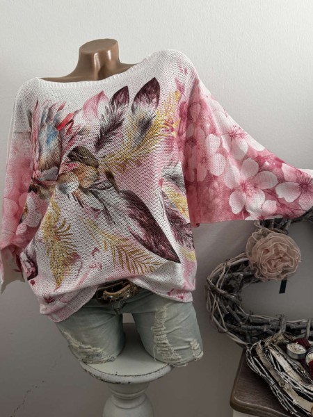 Tunika 36-42 Fledermausarm Feinstrick rosa Federn Tunika Pulli bunt NEU Made in Italy 1/2 Arm