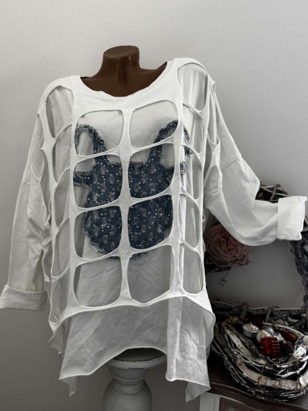 Baumwolle Longsleeve Tunika 40-44 cut outs Glitzer Mouse Comic Made in Italy weiss